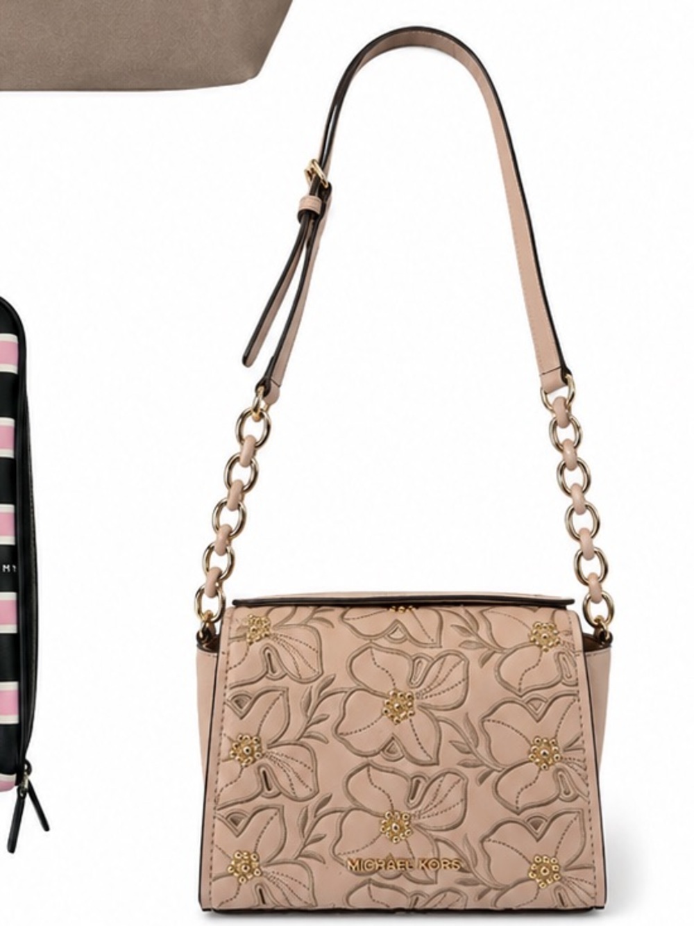 Michael Kors Pink Floral Applique Shoulder Bag with Gold Accents